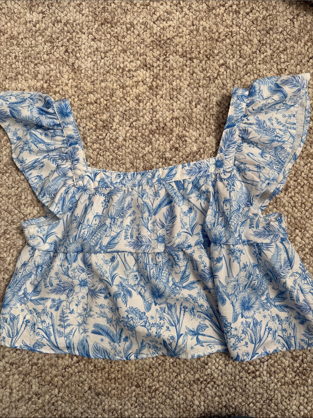 SHEIN White and Blue Floral Ruffle Crop Top